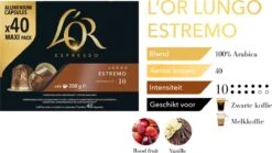 L'OR Lungo Estremo Koffiecups - Intensiteit 10/12 - 4 X 40 Capsules -Koffiehuis 1200x676