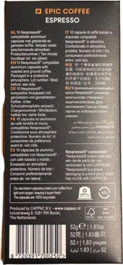 100 Capsules Epic Coffee - Espresso - Nespresso® Compatible Aluminium Capsules - RFA Keurmerk - Doos 100 Stuks -Koffiehuis 556x1200